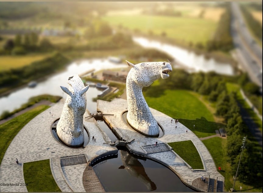Creative aerial photograph of the Kelpies by Bear Media