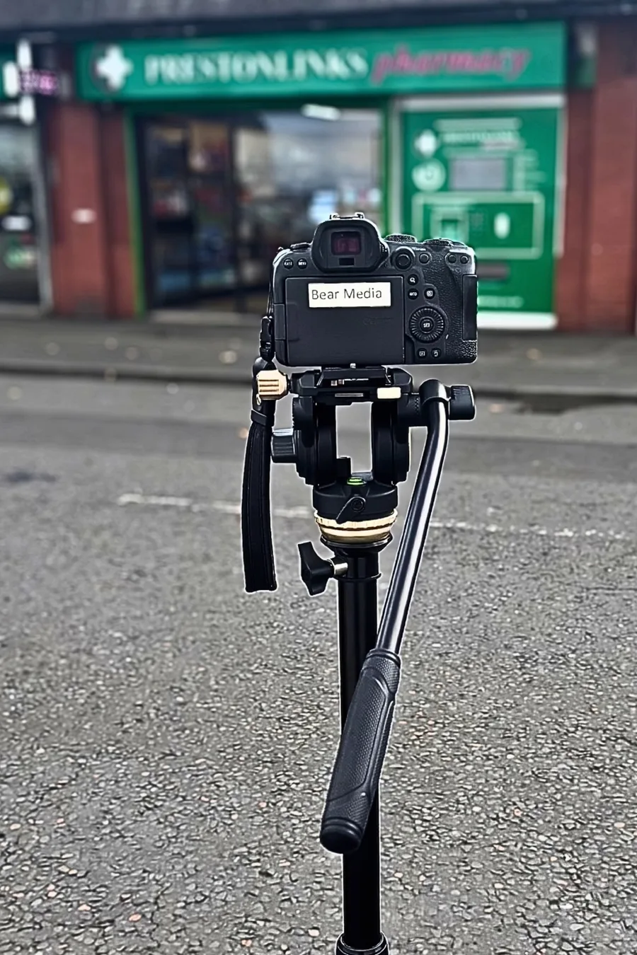 Bear Media camera on a tripod outside Prestonpans pharmacy