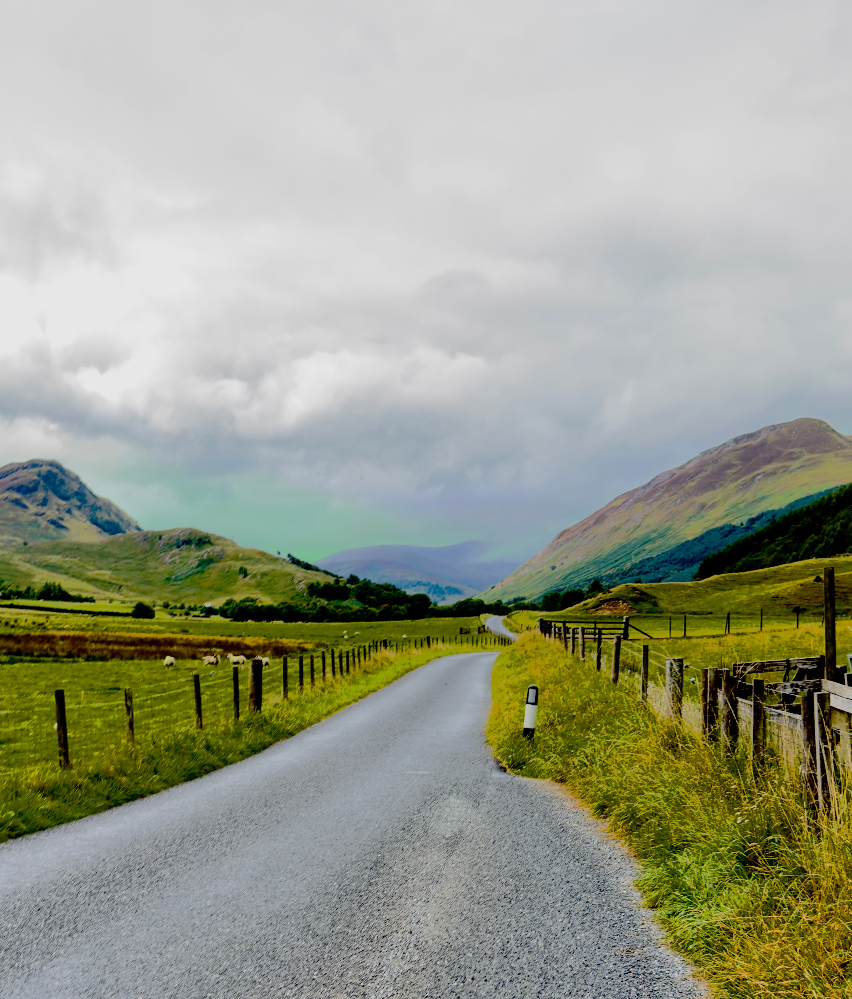Single-track road leading through a Highland glen photographed by Bear Media
