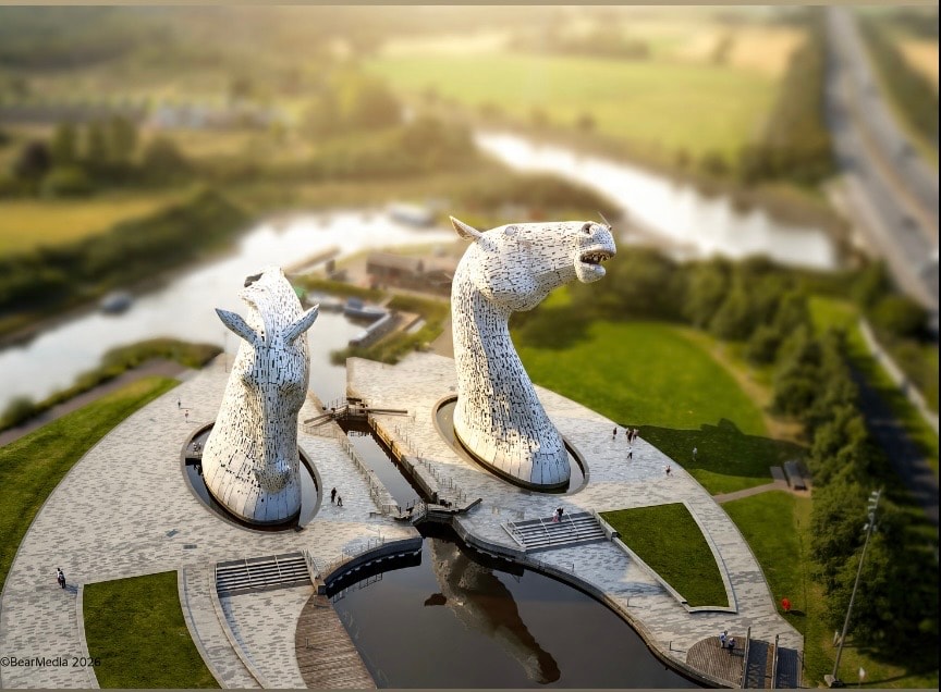 Aerial view of The Kelpies in Falkirk photographed by Bear Media