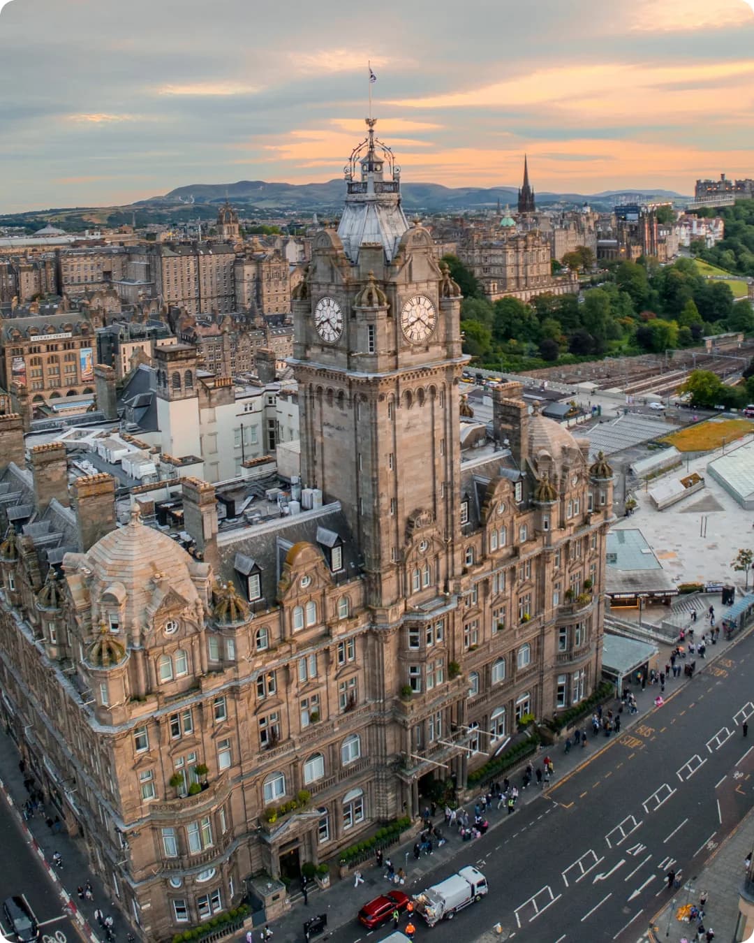 Drone image of Edinburgh city architecture at sunset