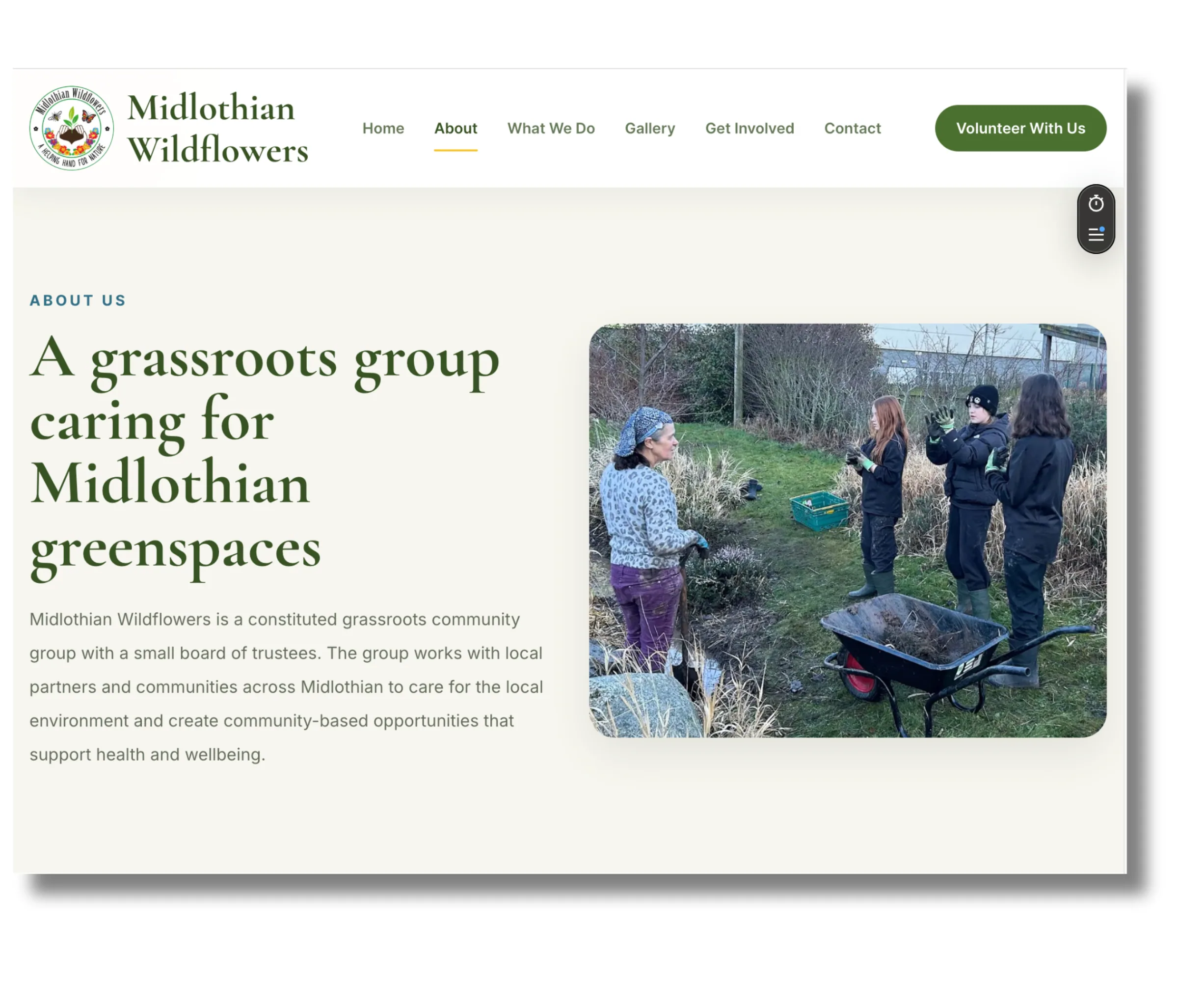 Midlothian Wildflowers about page desktop design