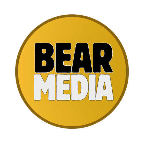 Bear Media logo - a stylized bear head with a camera lens eye